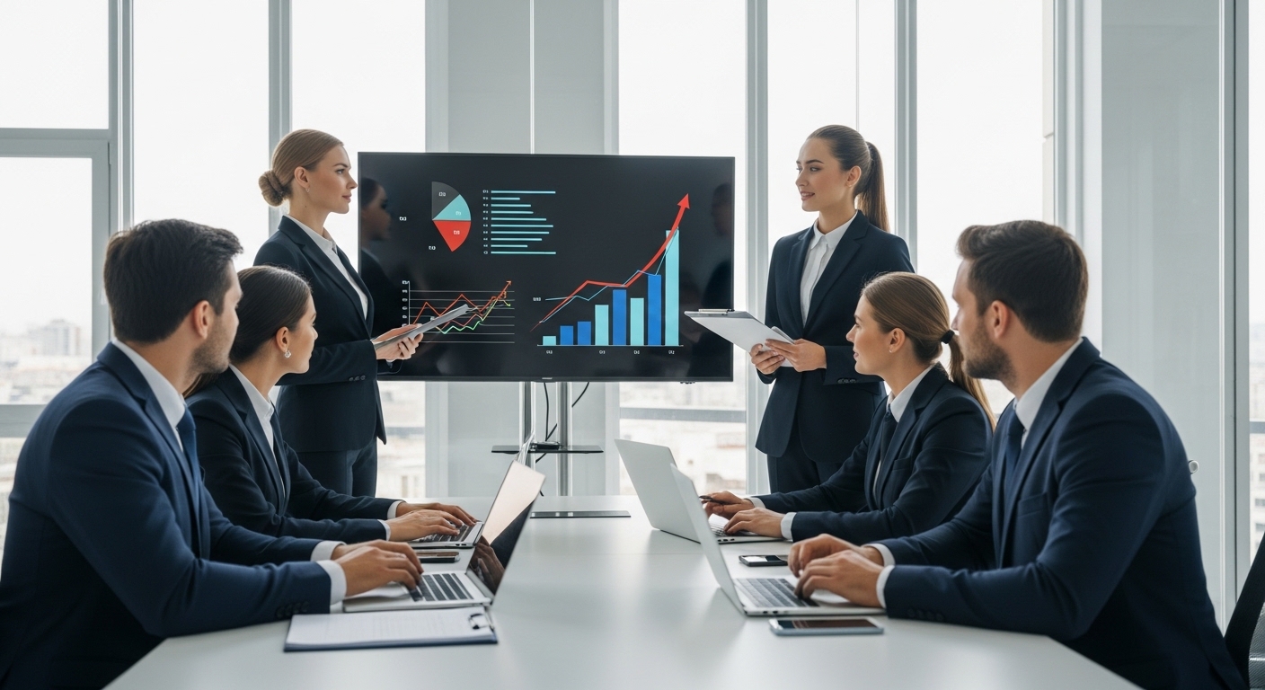 “Professional Business Team in Modern Corporate Office Meeting”